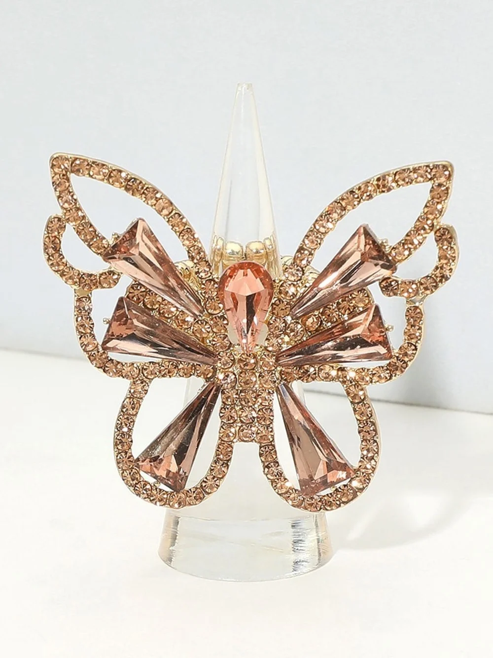 Gold Peach Butterfly Ring Crystal Rhinestones Cute Finger Statement Accessory